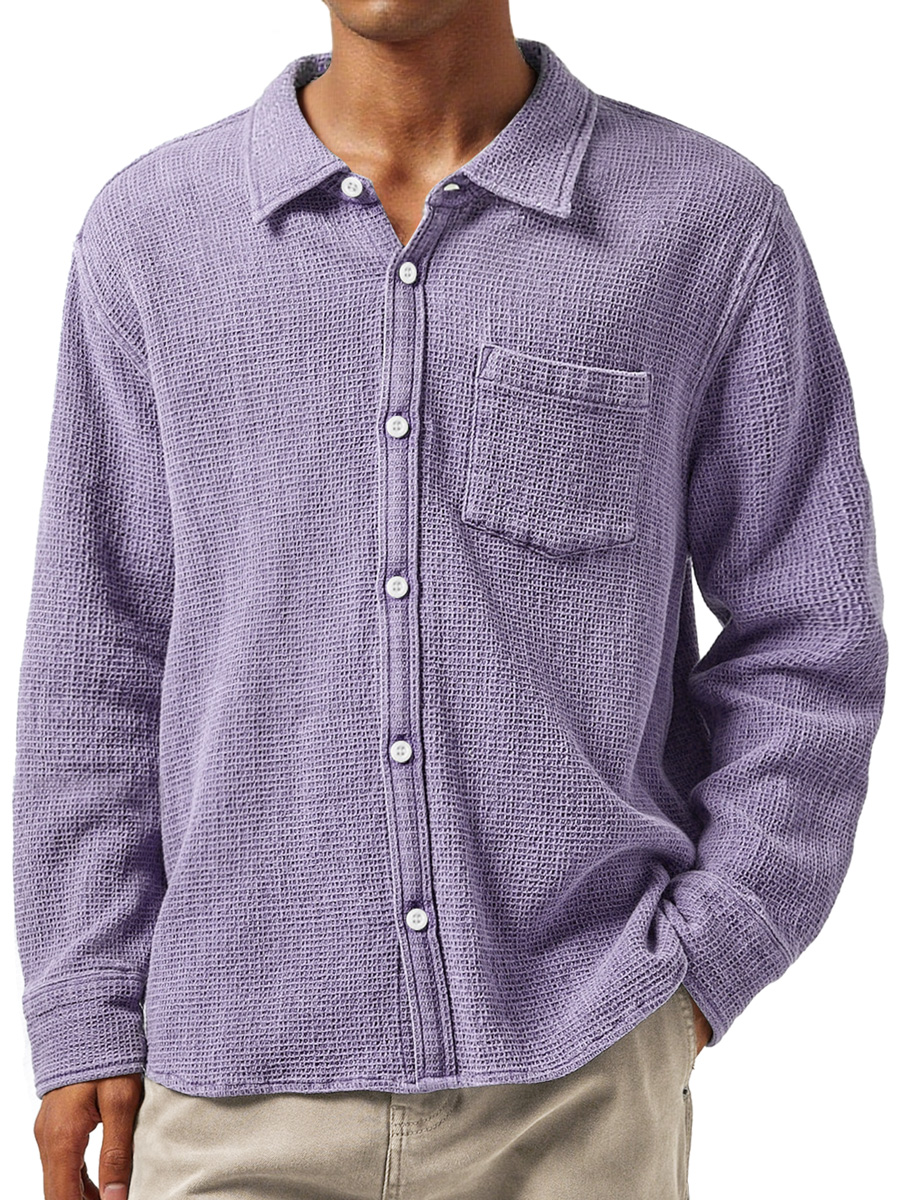 Herren Daily Waffle Texture Revers Tasche Lässige Langarmshirt-deurabatt