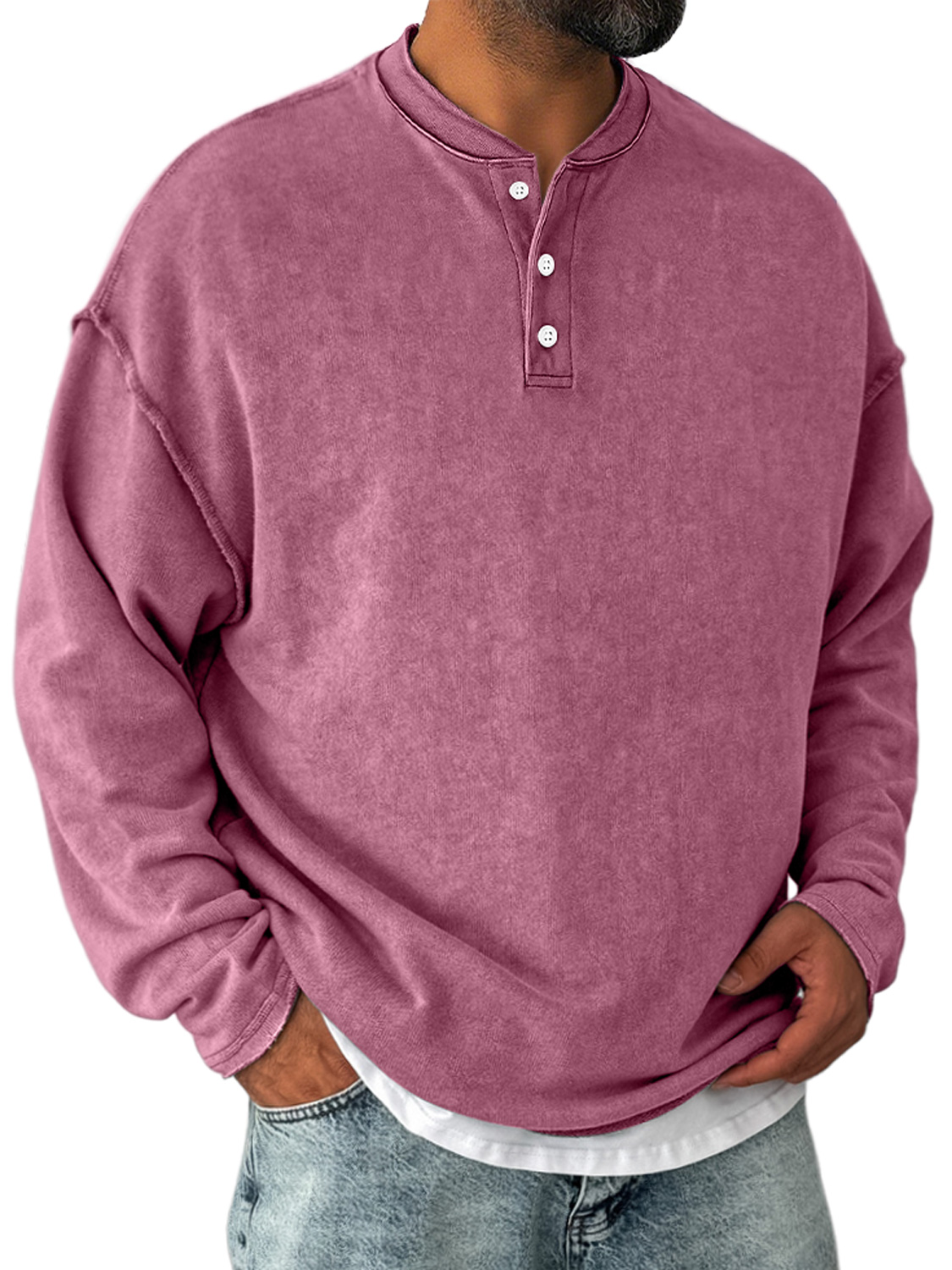 Herren Retro Freizeit Stehkragen Knopf-Down Langarm Henley Shirt-deurabatt