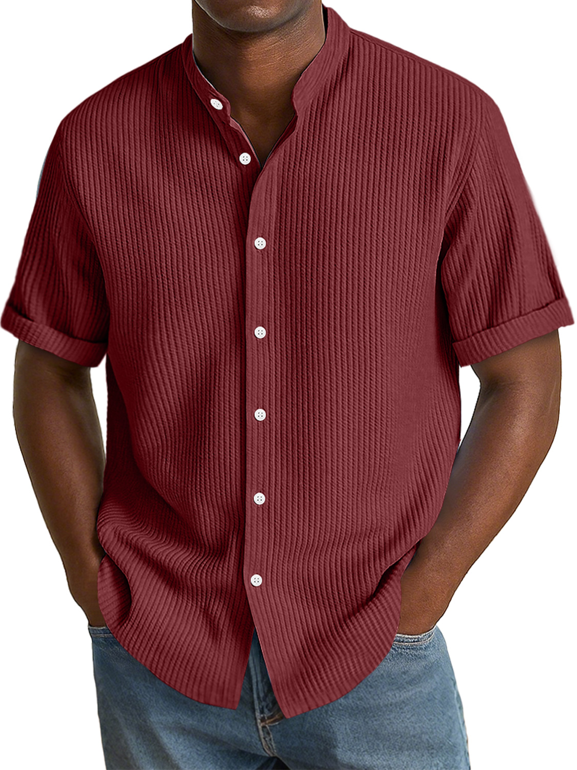 Herren Daily Texture Stoff Freizeit Stehkragen Einfarbig Kurzarmhemd-deurabatt