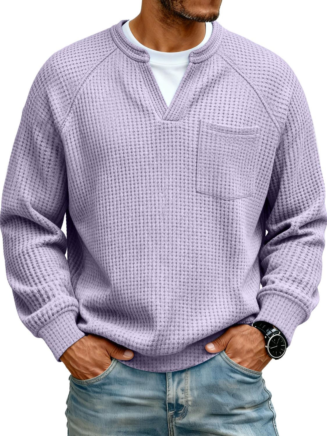 Herren Raglan Waffelstrick Faux Zwei-Teile Freizeit Tasche Langarm T-Shirt-deurabatt