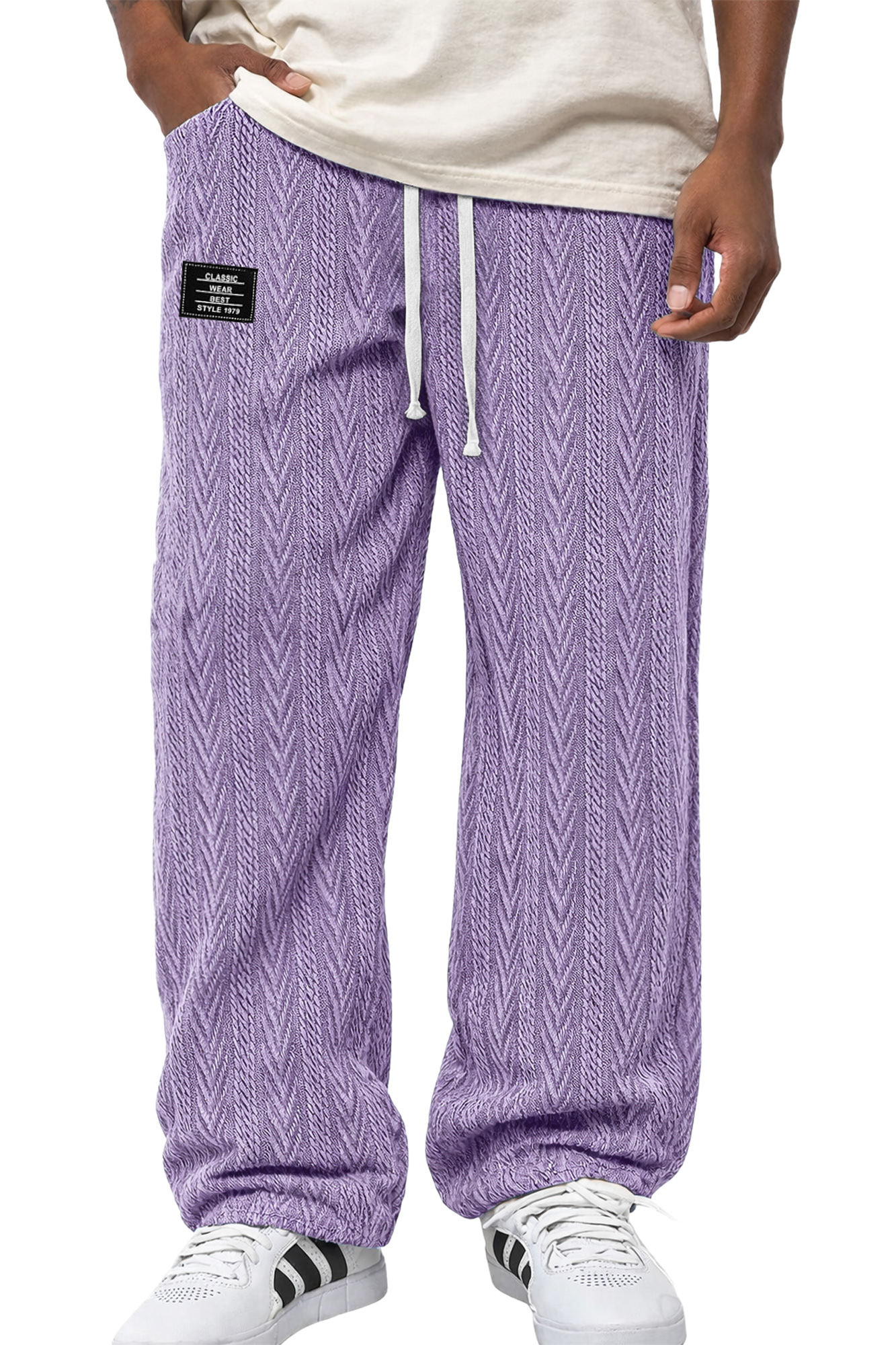 Herren Freizeit Jacquard Strukturierte Bestickte Logo Elastischer Bund Lockere Hose-deurabatt