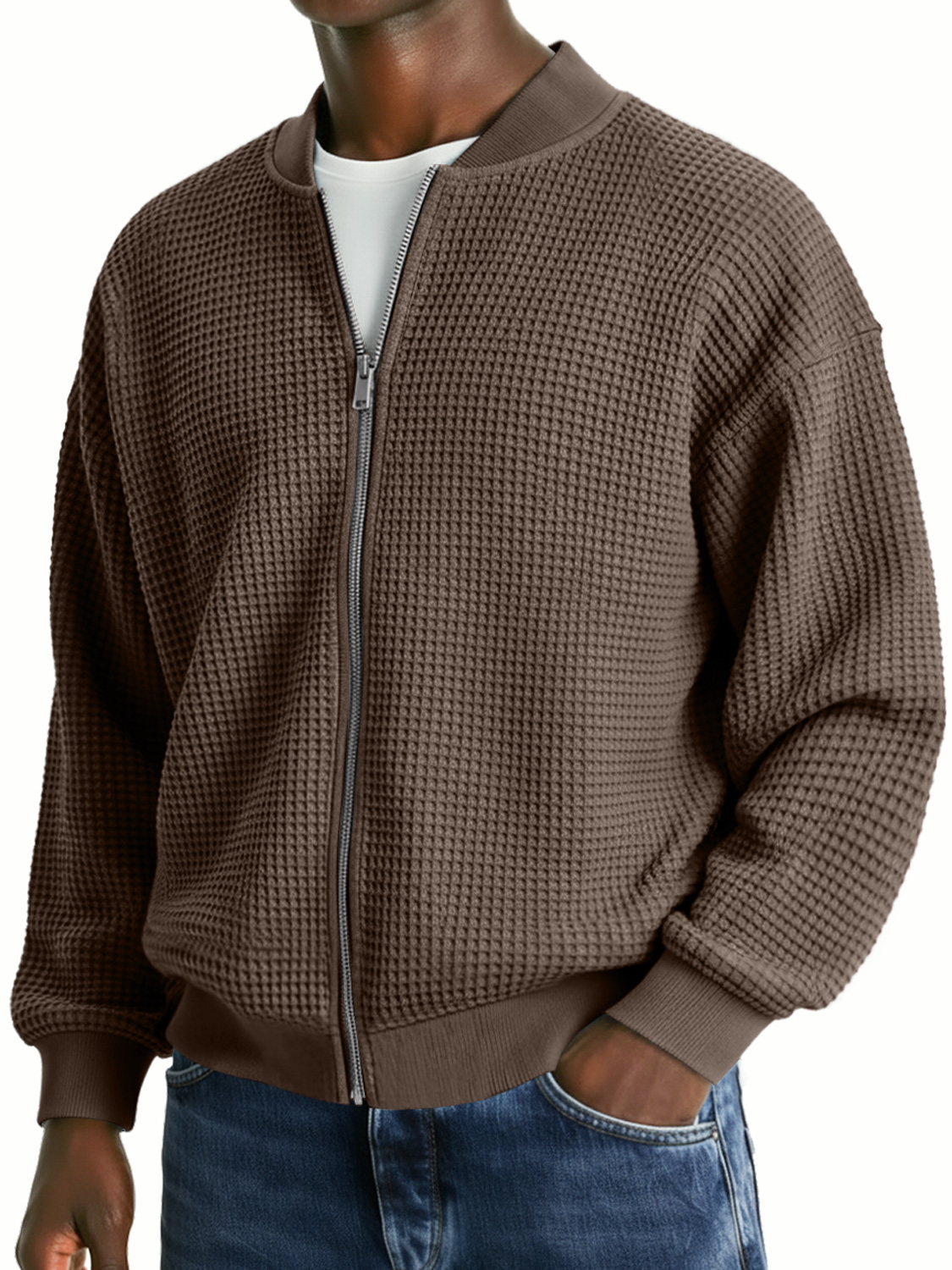 Herren-Waffelstrickjacke, lässig, locker, mit Reißverschluss-deurabatt