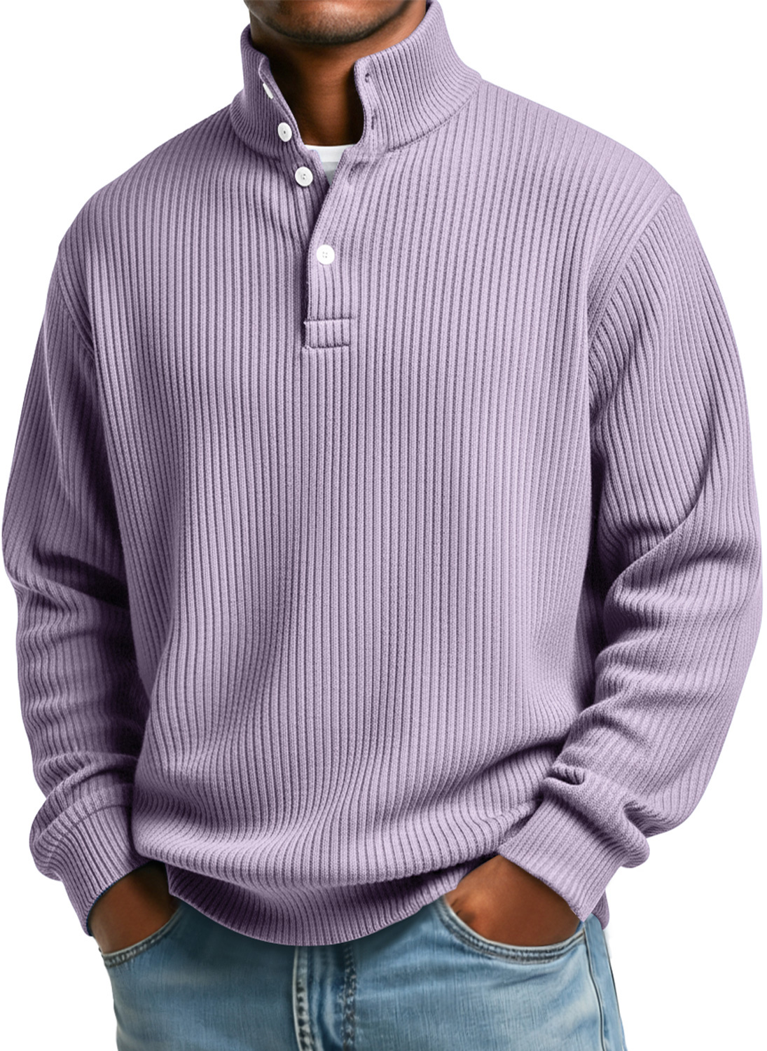 Herren Sweatshirt mit vertikalen Streifen, Stehkragen, Knopf, lässig und locker-deurabatt