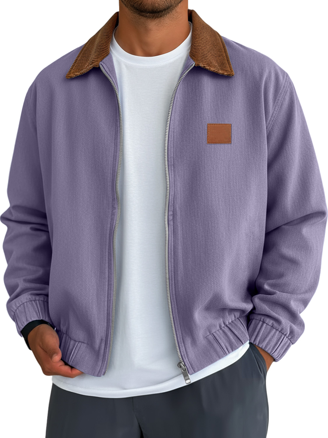 Herren Einfaches Einfarbiges Patchwork-Kragen Besticktes Lederlabel Freizeitjacke-deurabatt