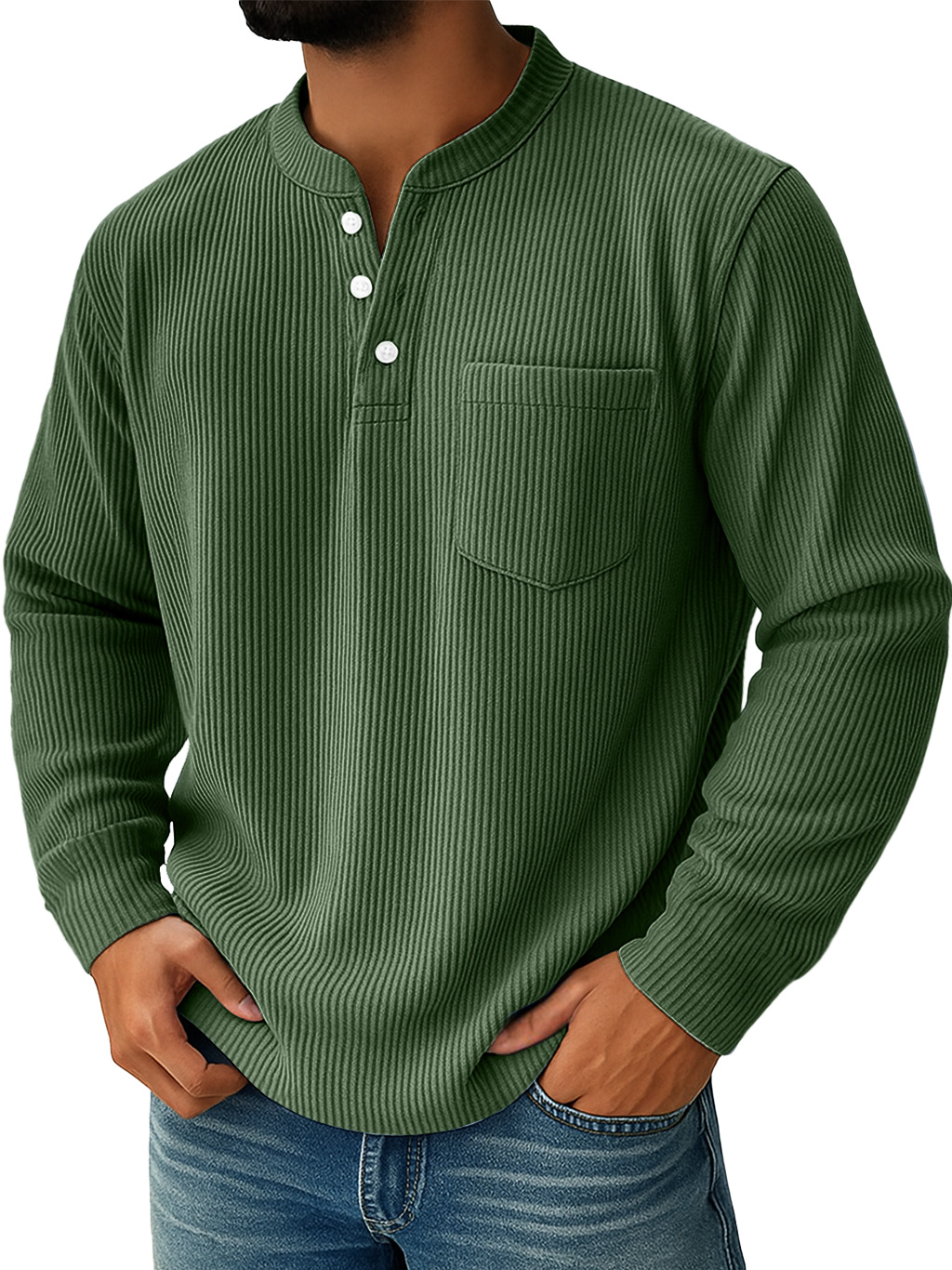 Herren Einfaches Alltags-Ripp-Stehkragen-Taschen-Lässiges Langarm-Henley-Shirt-deurabatt