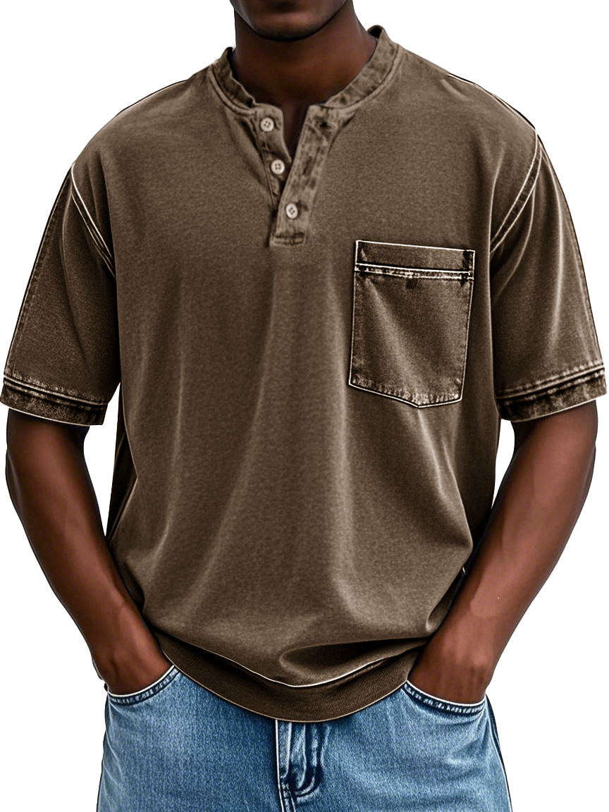 Herrenmode Retro Rundhals Tasche Kurzarm Henley Shirt-deurabatt