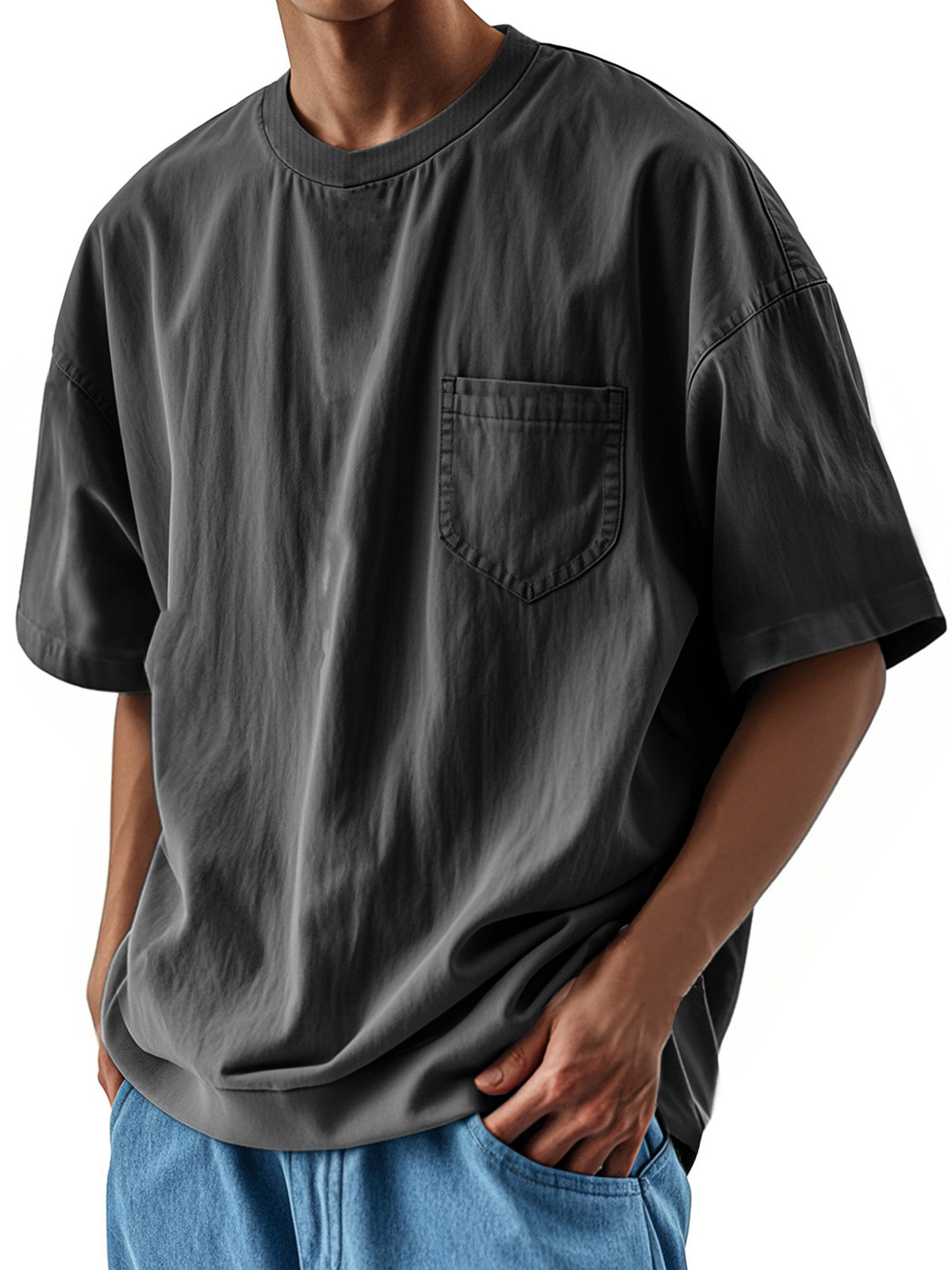 Herrenmode Lässiges Retro-Shirt Rundhals Tasche Kurzarm T-deurabatt