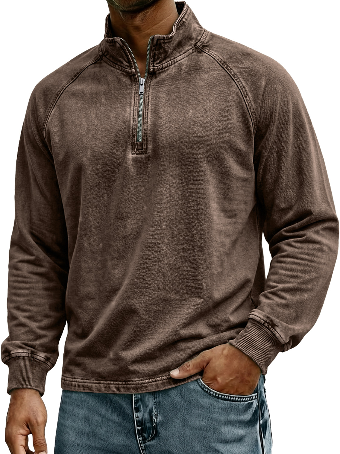Herren Retro Stehkragen Reißverschluss Raglan Design Freizeit Langarm T-Shirt-deurabatt