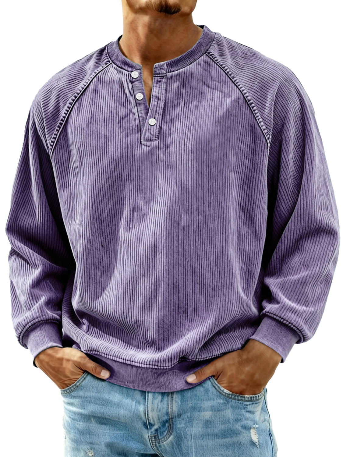 Herren Retro Corduroy Raglan Freizeit Langarm Henley Shirt-deurabatt