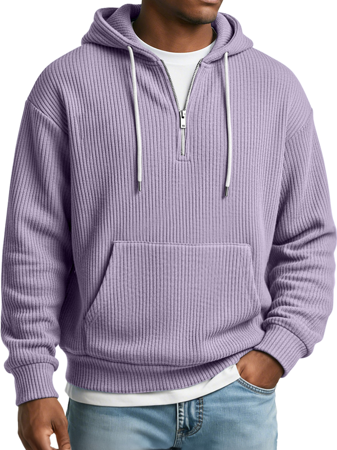 Herren Einfaches Geripptes Texturiertes Kapuzen-Sweatshirt mit Reißverschluss in Lässiger Lockere Passform-ZierMode