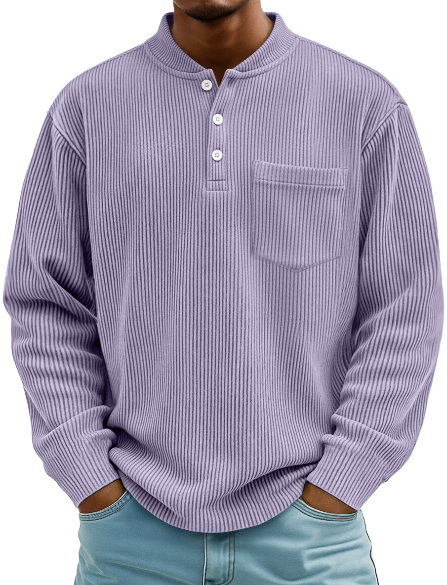 Herrenmode Ridge Stehkragen Knopf Freizeit Taschen Henley Shirt-deurabatt