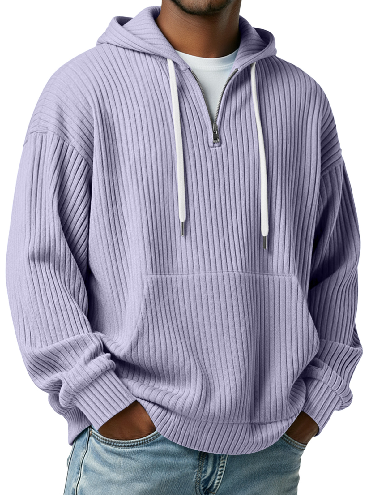Herren Einfaches Rippstrick Kapuzenzipper Lässiger Lockere Sweatshirt-deurabatt