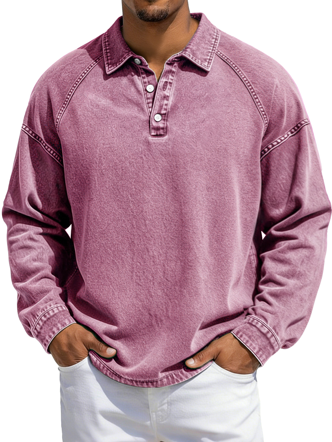 Herren Vintage-Stil Revers Knopf-auf Raglan Ärmel Freizeit Langarm Polo-Shirt-deurabatt