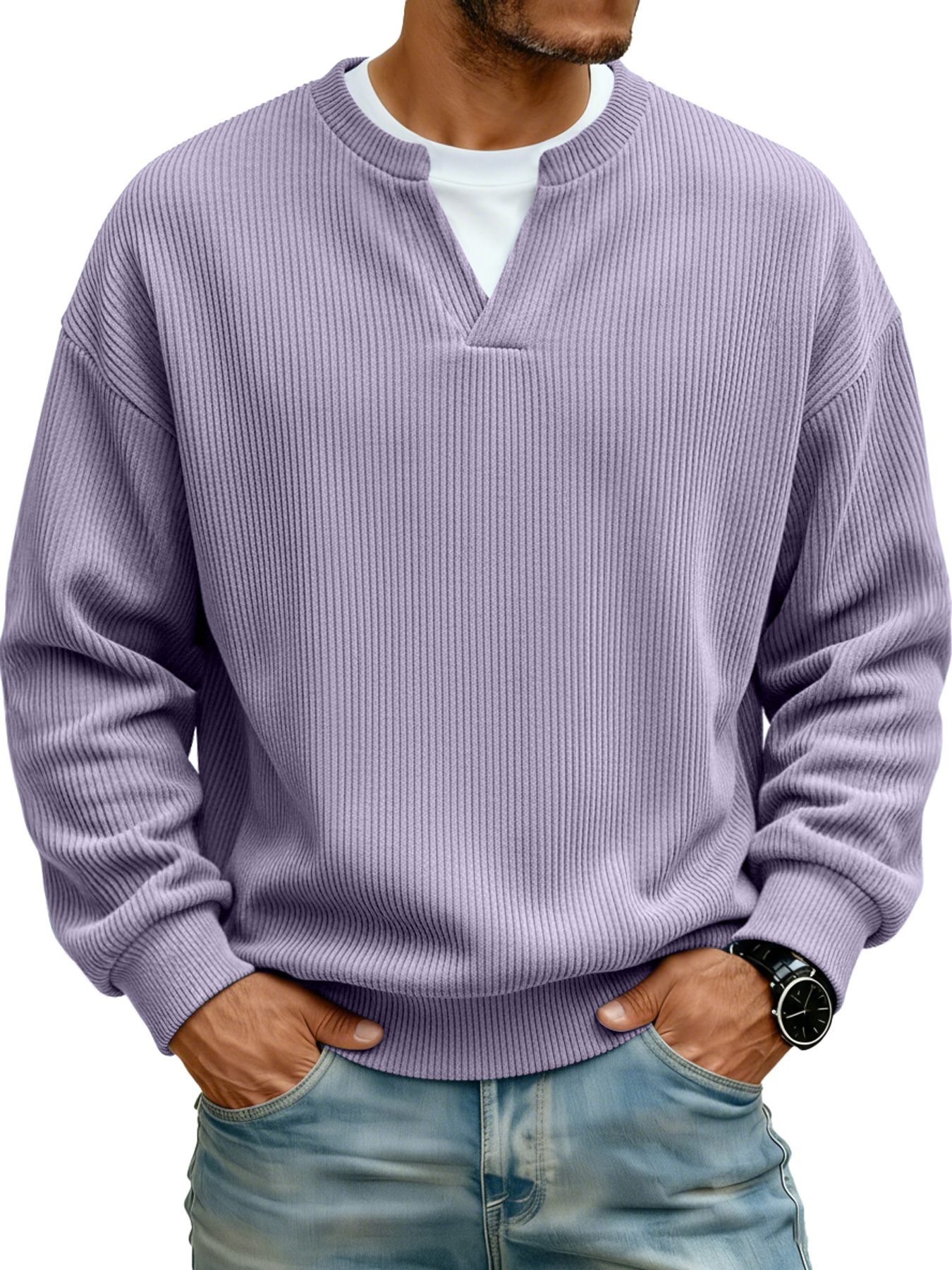 Herren Ripp-V-Ausschnitt Faux Zwei-Teile Freizeit Langarm T-Shirt-deurabatt