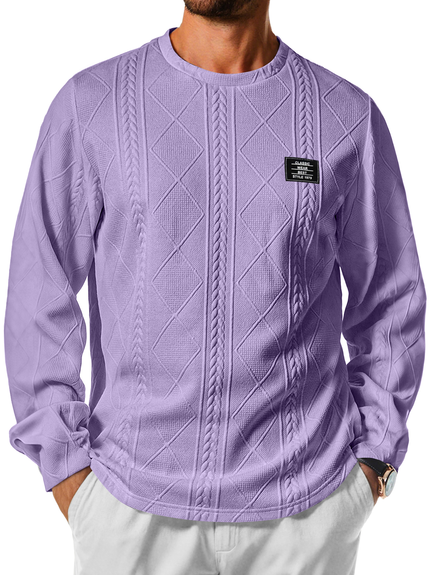 Herren Daily Rundhals Jacquard-Textur Besticktes Logo Lässiges Langarm-T-Shirt-deurabatt