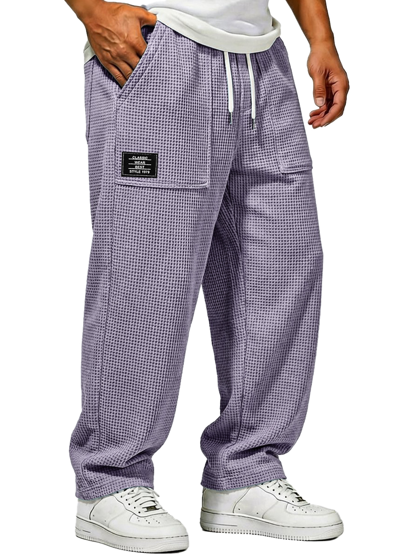 Herren Waffelstrick Freizeitlockere Hose mit aufgesetzten Taschen und gesticktem Logo-deurabatt