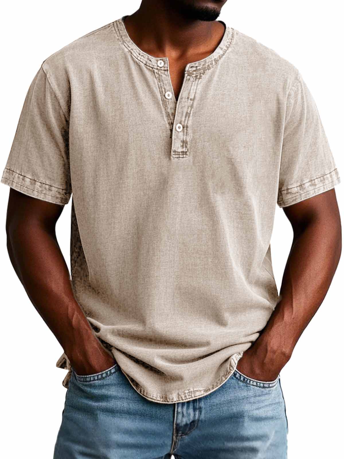 Herrenmode Vintage Verwaschenes Kurzarm-Henley-Shirt-deurabatt