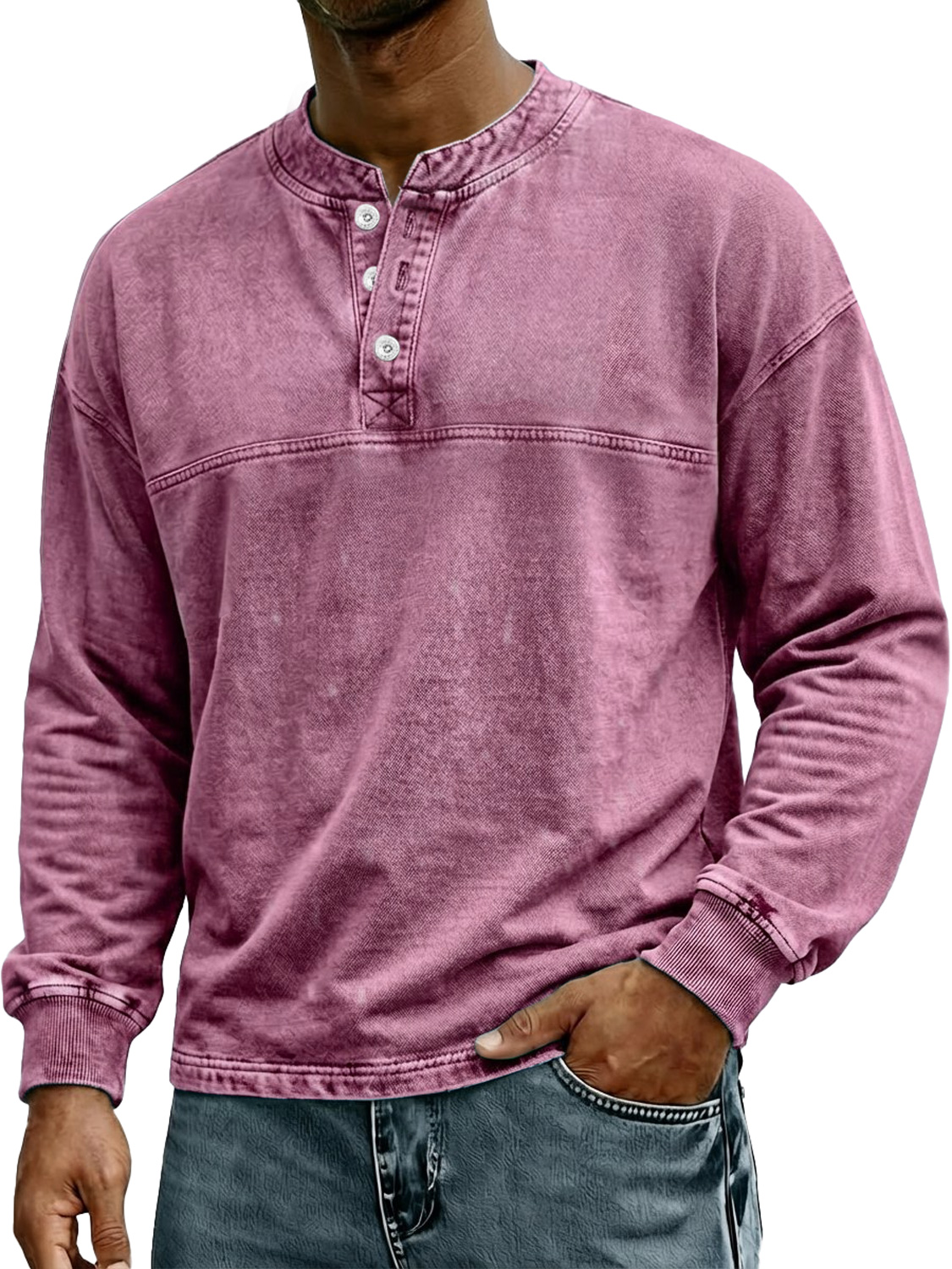 Herren Retro-Stil Stehkragen Knopf Freizeit Langarm Henley Hemd-deurabatt