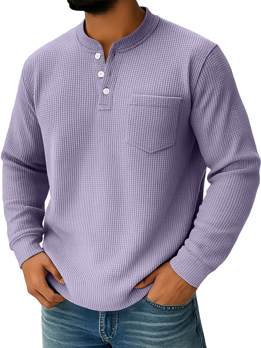 Herren Alltags Waffelkragen Button-Down Freizeit Langarm Henley-deurabatt