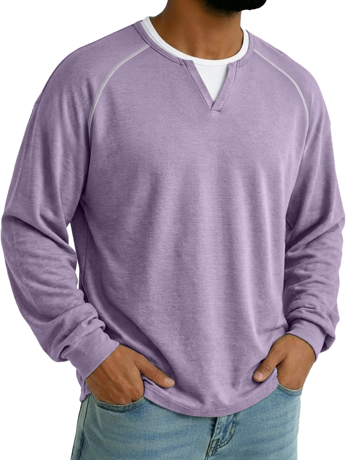 Herren Faux Zweiteilig Doppel-Lagen Kragen Raglan Ärmel Lässiges Langarm T-Shirt-deurabatt