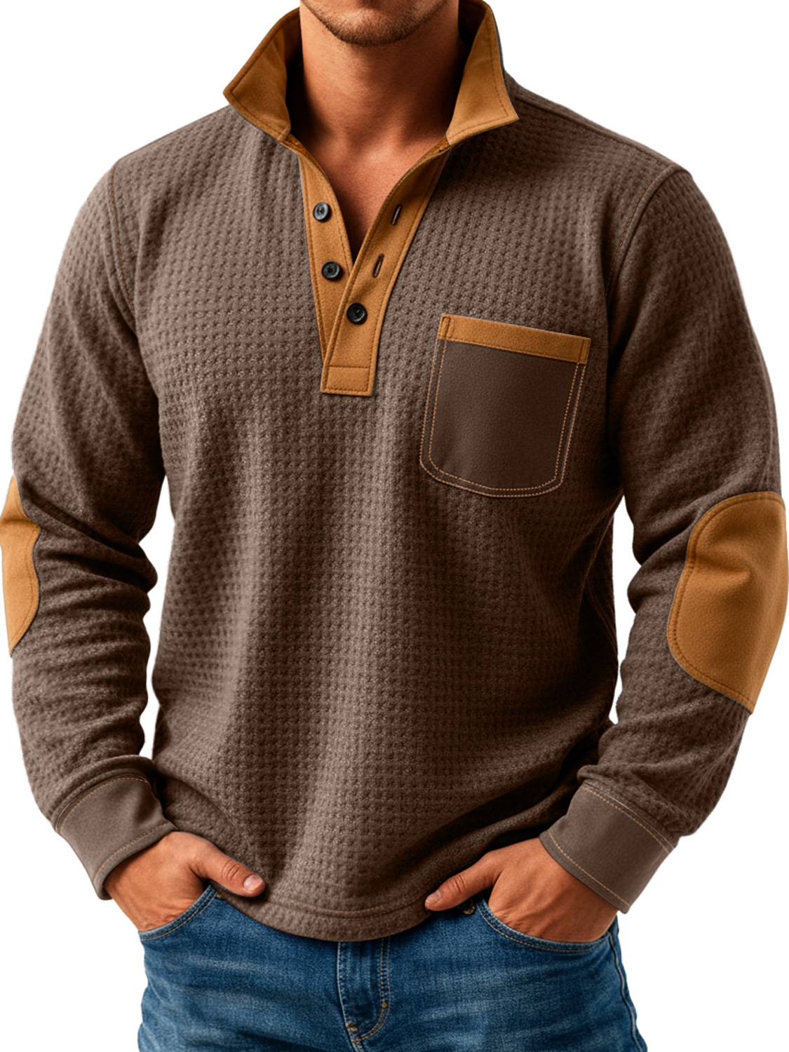 Herren Retro Textur Splicing Stehkragen Knopf Freizeit Langarm POLO Hemd-deurabatt