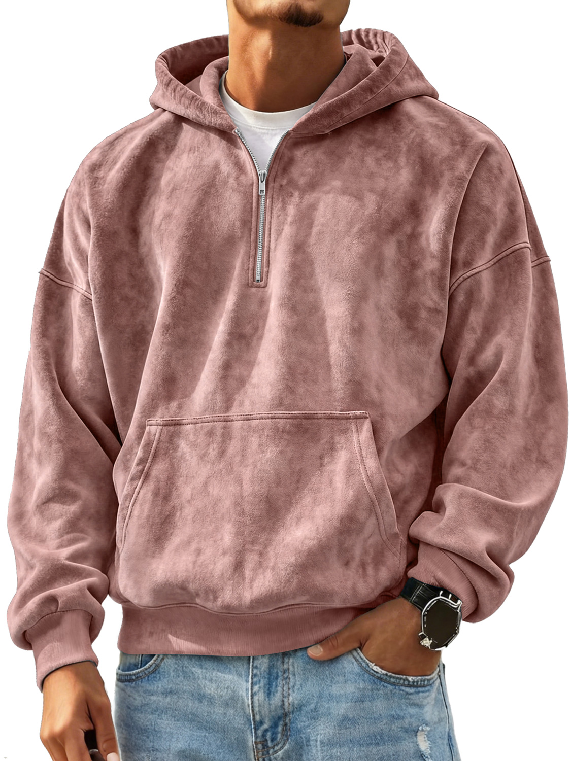 Retro-Freizeit-Kapuzenpullover aus Wildleder für Herren mit Reißverschluss-deurabatt