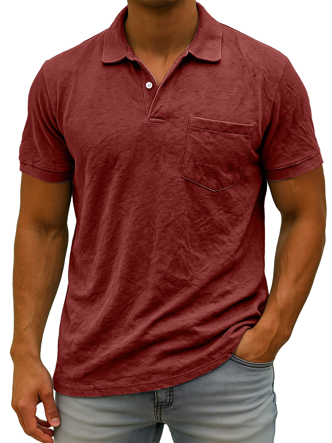 Herren Daily Wildleder Freizeit Revers Tasche Komfort Kurzarm POLO Hemd-deurabatt