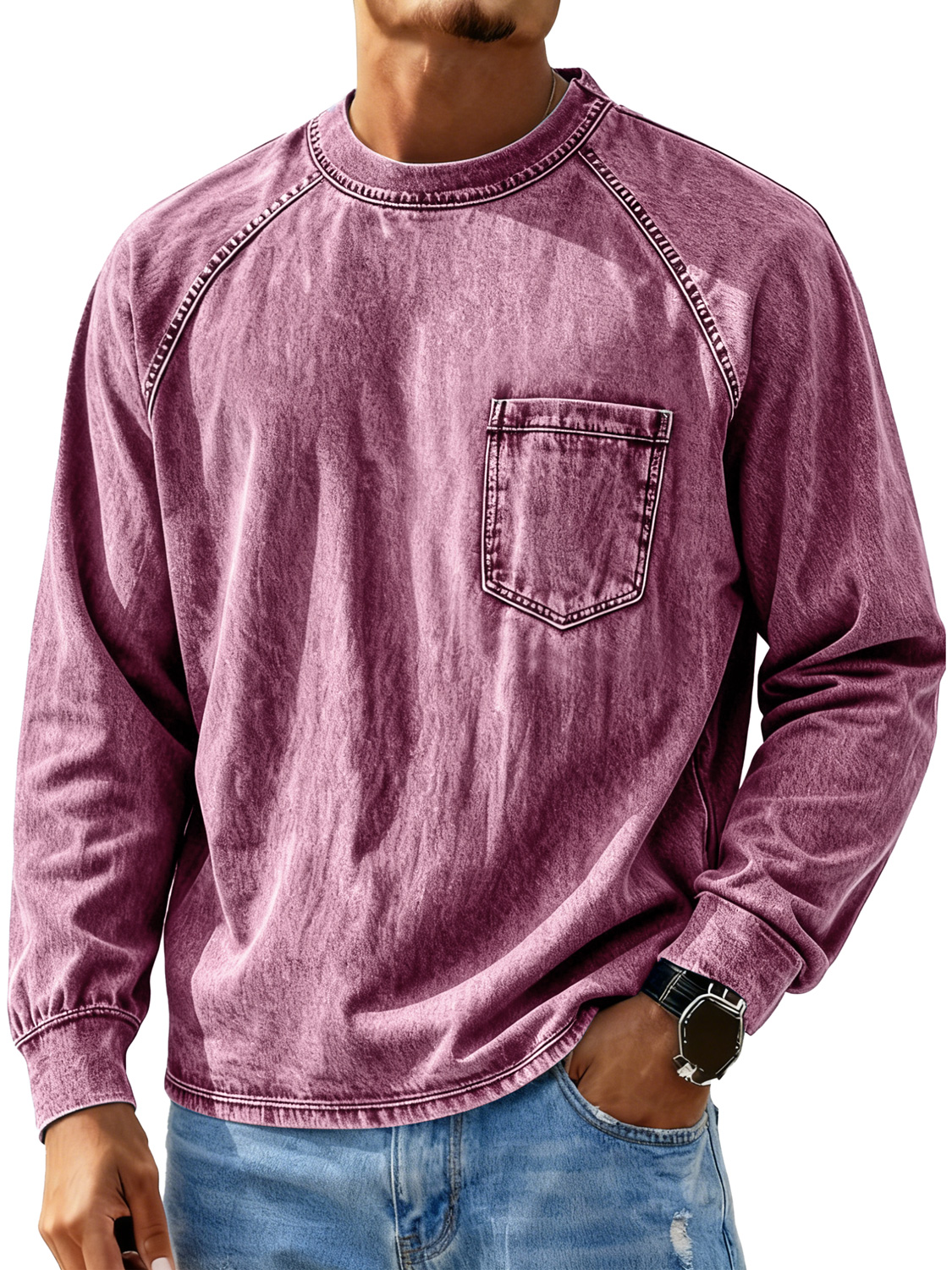 Herren Retro Rundhals Raglan Freizeit Tasche Langarm T-Shirt-deurabatt
