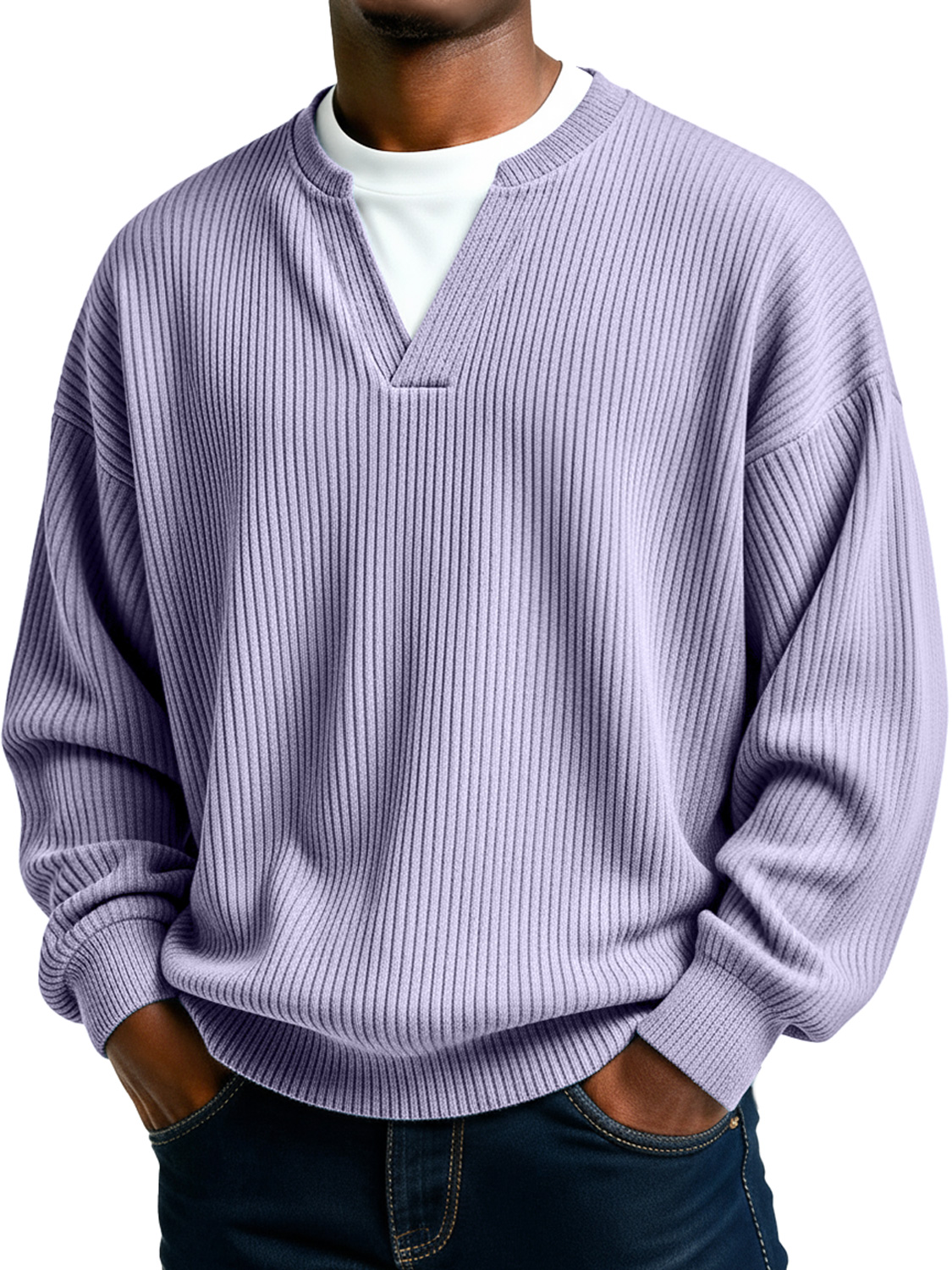 Herren Einfaches Geripptes V-Ausschnitt Faux Zwei-Teile Lässiges Langarm-T-Shirt-deurabatt