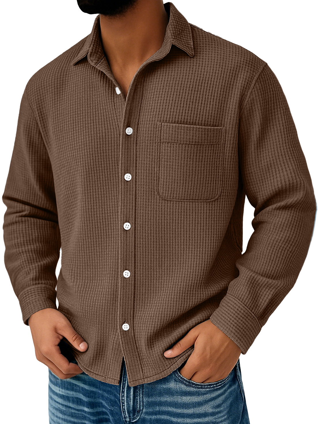 Herren Alltags Waffel Freizeit Tasche Komfort Langarmshirt-deurabatt