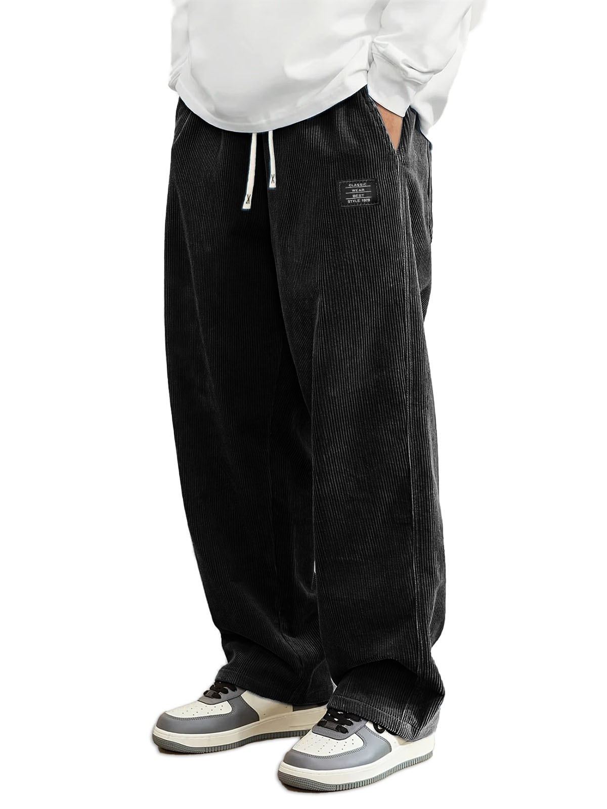 Herren Daily Casual Pit Streifen Corduroy Stoff Stickerei Logo Tether Lockere Elastische Taille Taschenhose-ZierMode