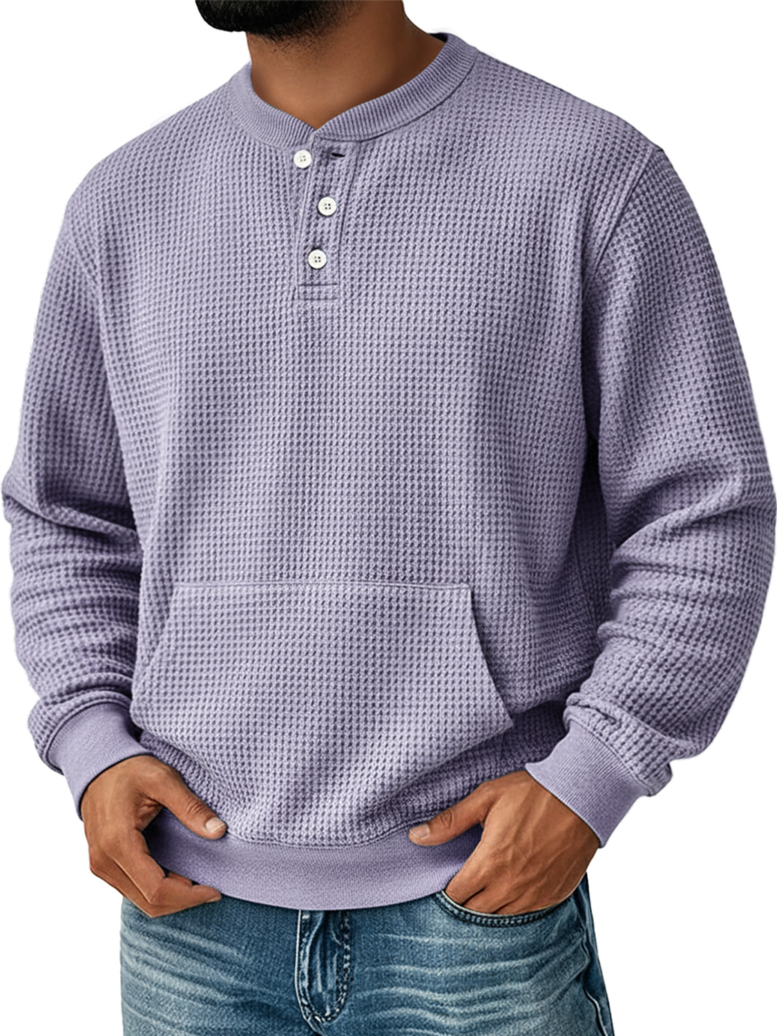 Herren Einfaches Waffel Stehkragen Knopf Freizeit Tasche Sweatshirt-deurabatt