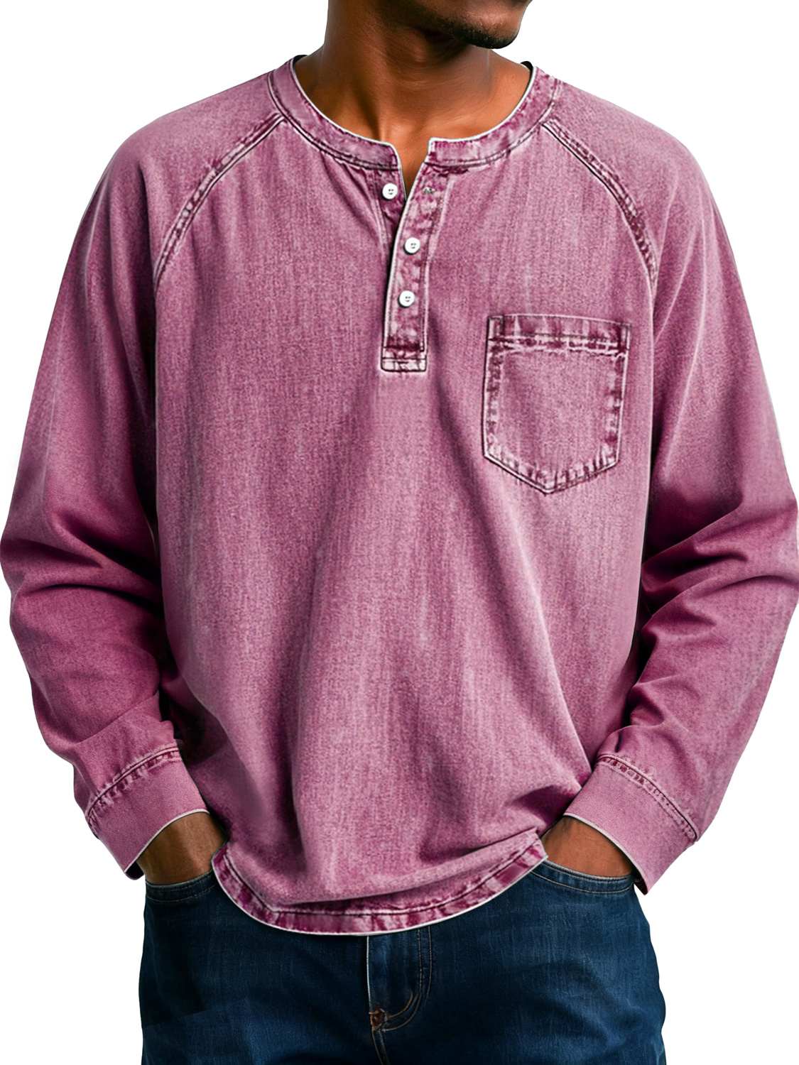 Herren Retro Raglan Tasche Lässiges Langarm-Henley-Shirt-deurabatt