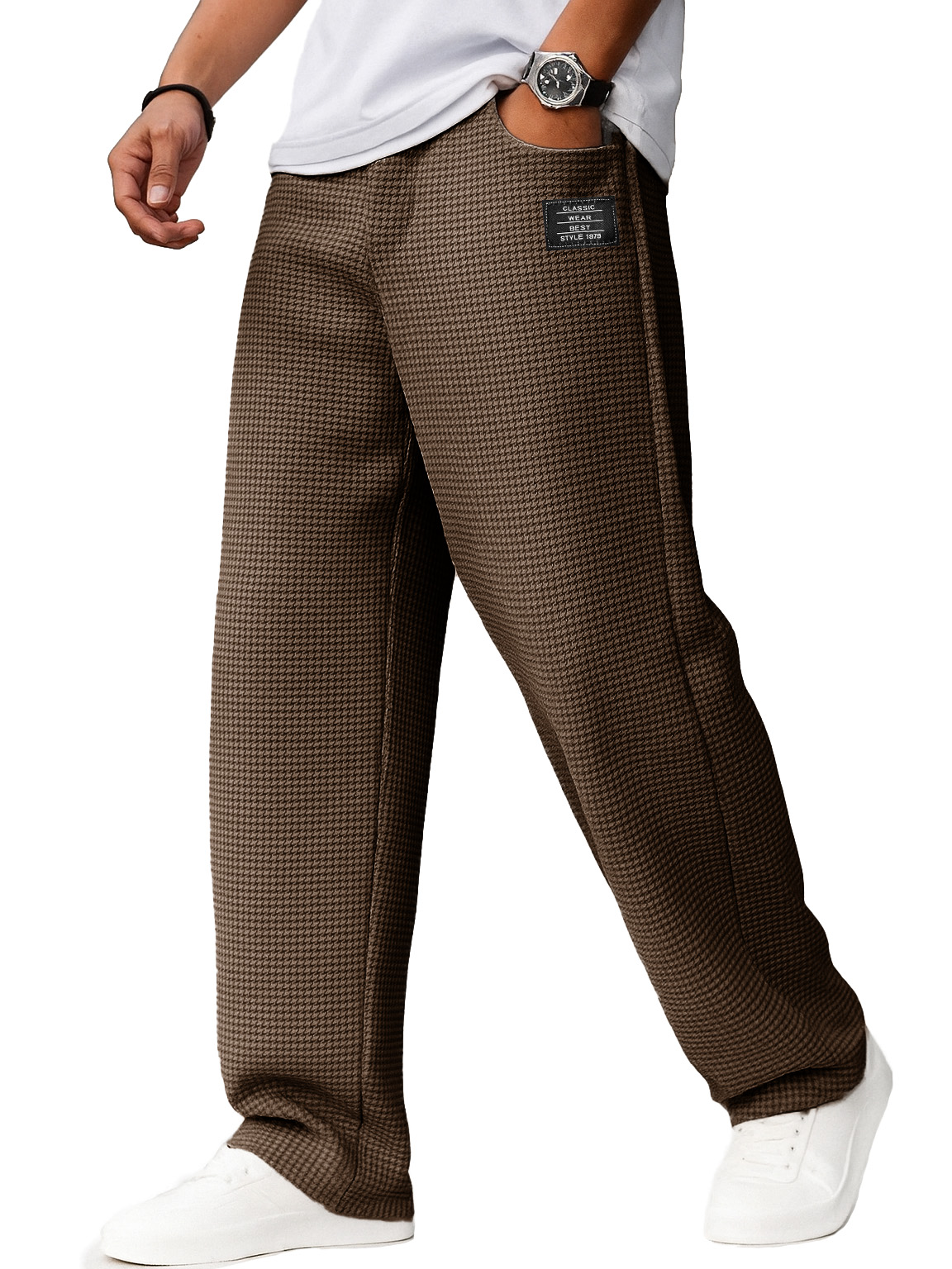 Herrenmode Alltags-Waffelstoff Besticktes Logo Kordelzug Lockere Elastische Taille Taschenhose-ZierMode