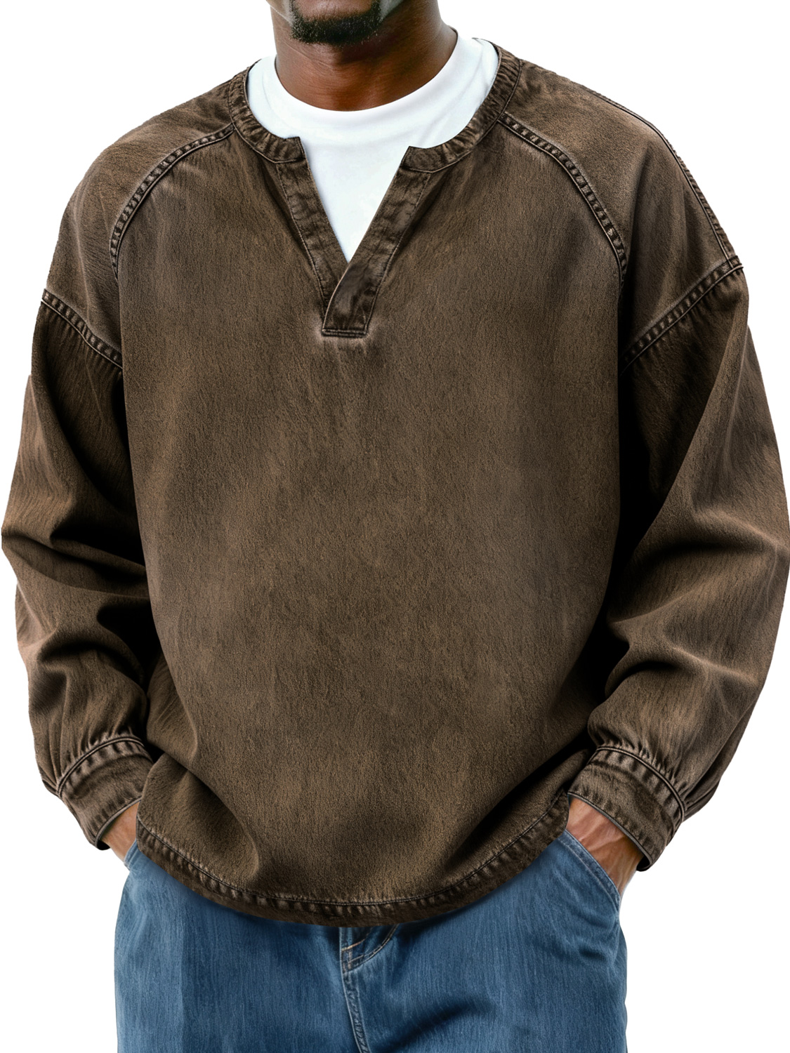 Herren Retro Faux Zwei-Teile Raglan Patchwork Freizeit Langarm T-Shirt-deurabatt