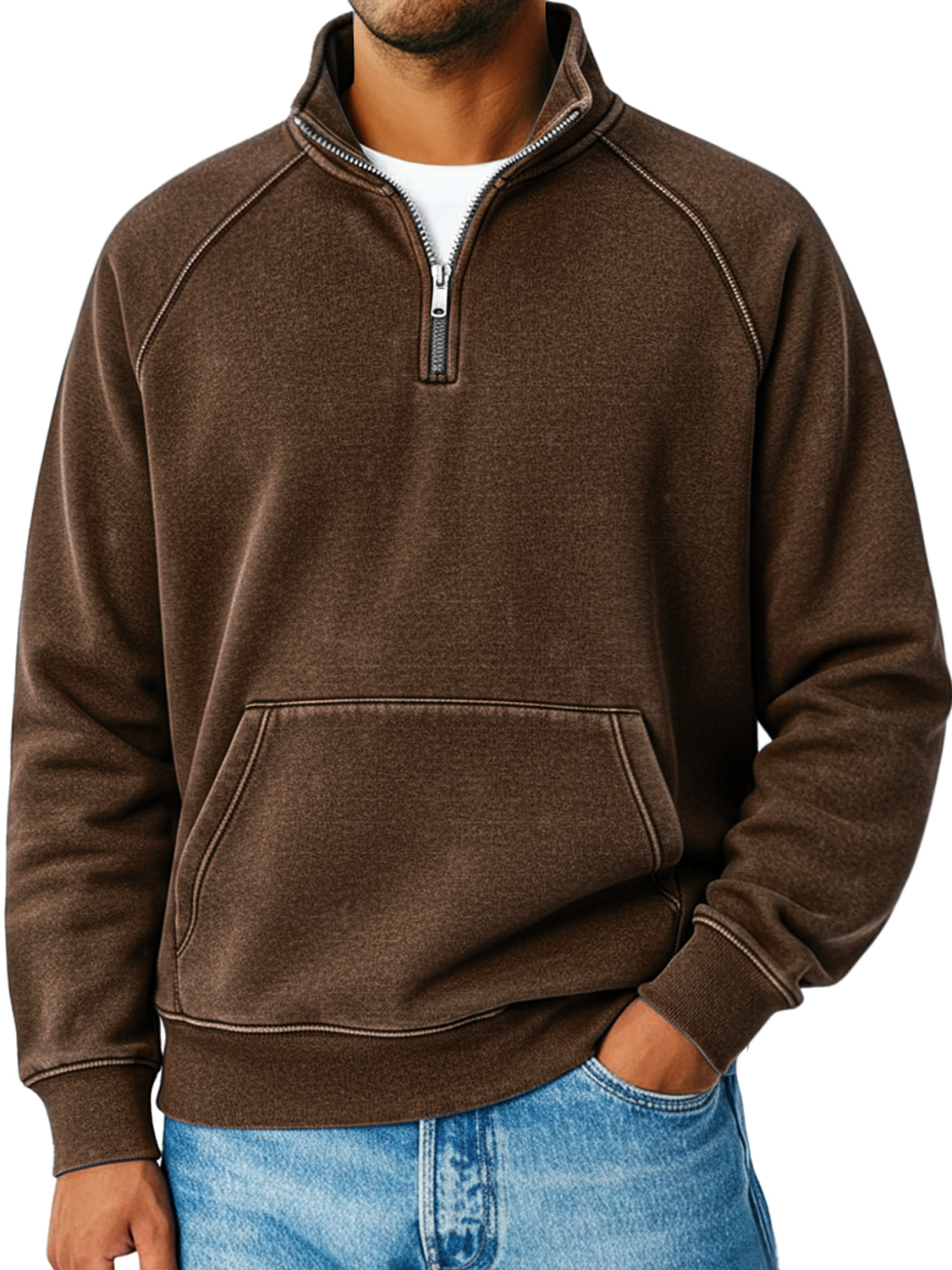 Herren Retro Raglanärmel Stehkragen Reißverschluss Lockere Freizeit Sweatshirt-deurabatt