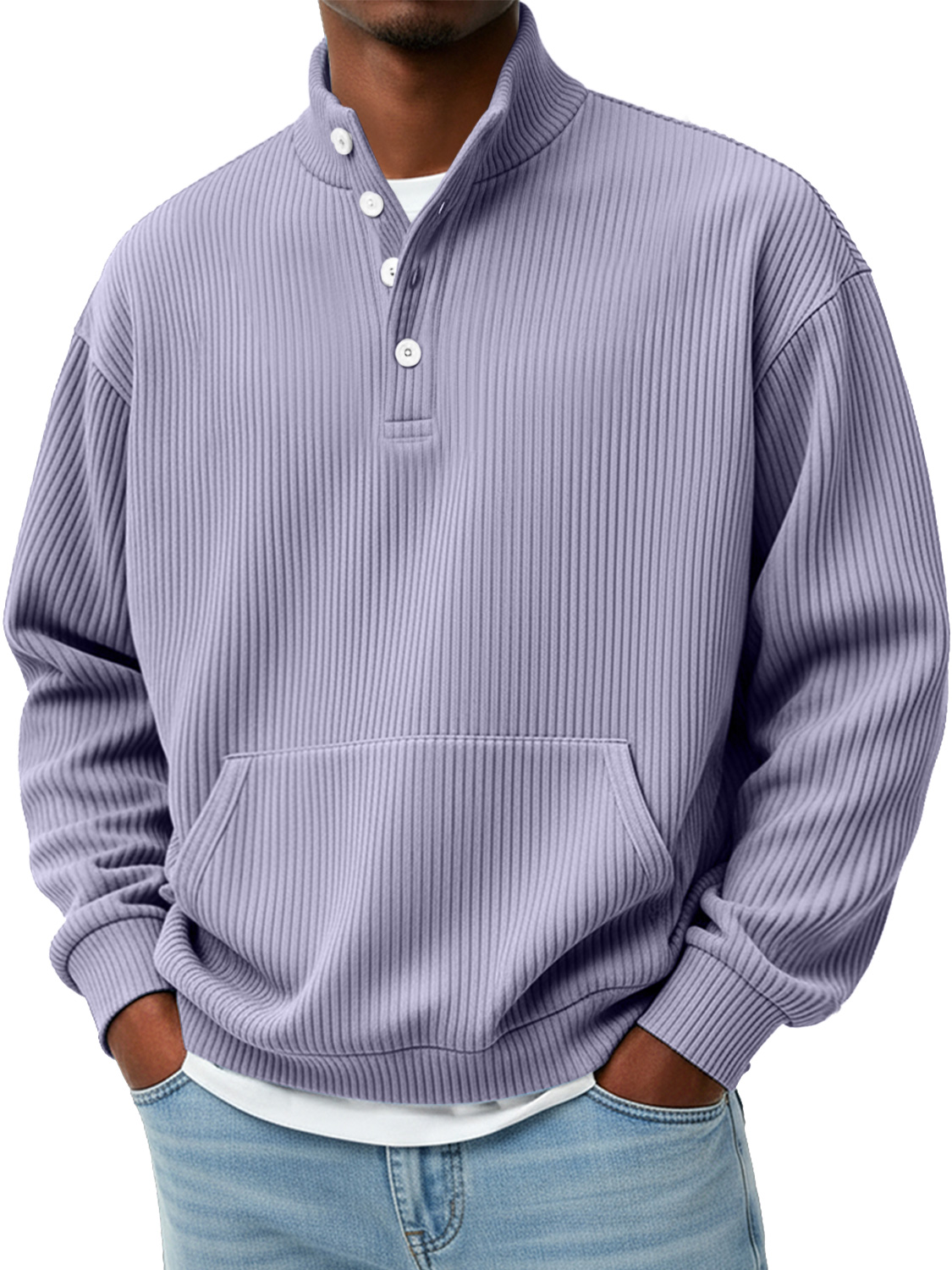 Herren Einfaches Rippkragen Knopf Freizeit Lockeres Sweatshirt-deurabatt