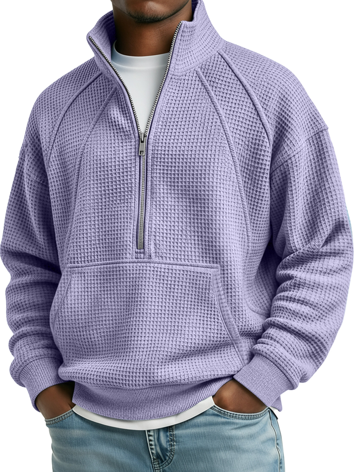 Herren Waffel Stehkragen Reißverschluss Raglan Freizeit Tasche Sweatshirt-deurabatt