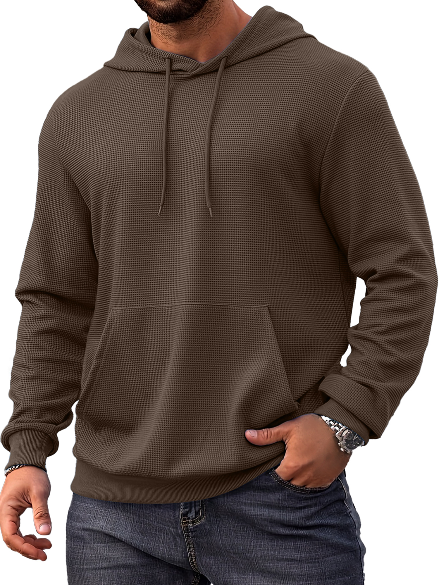 Herren Alltags Einfach Waffel Bequem Langarm Kapuzenpullover-deurabatt