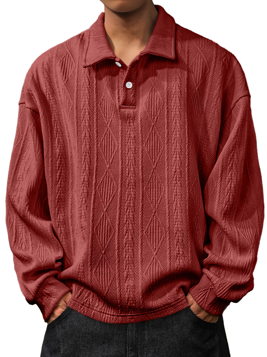 Herren Daily Jacquard Struktur Revers Knopf Langarm Polohemd-deurabatt