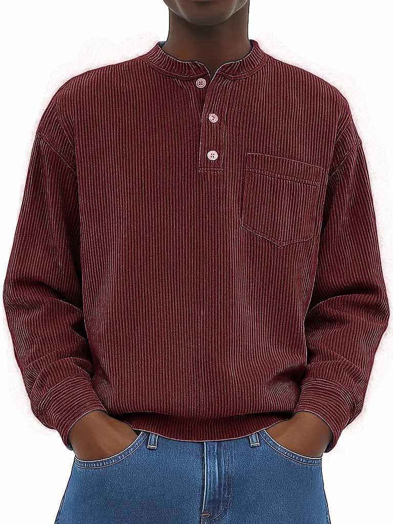 Herrenmode Freizeit Ribstoff Stehkragen Langarm Henley-Shirt-deurabatt