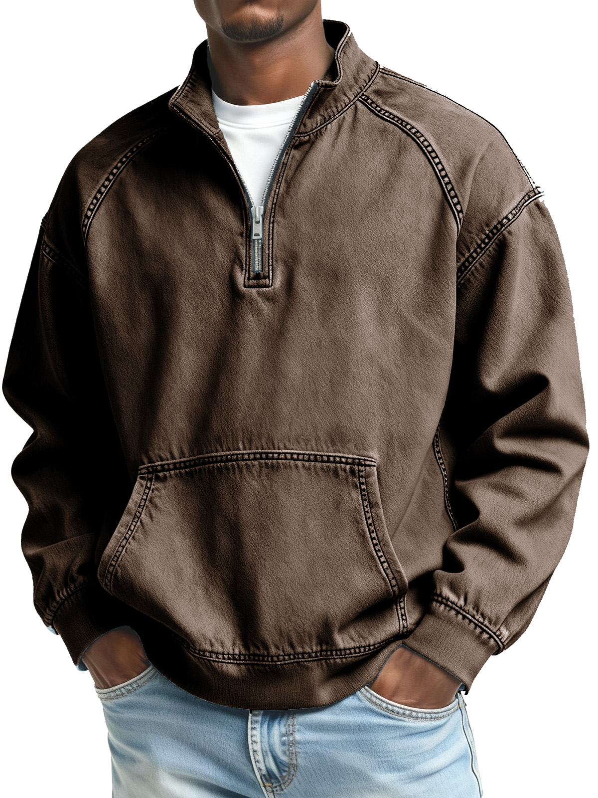 Herren Mode Retro Stehkragen Raglan Tasche Langarm Oberteil-deurabatt