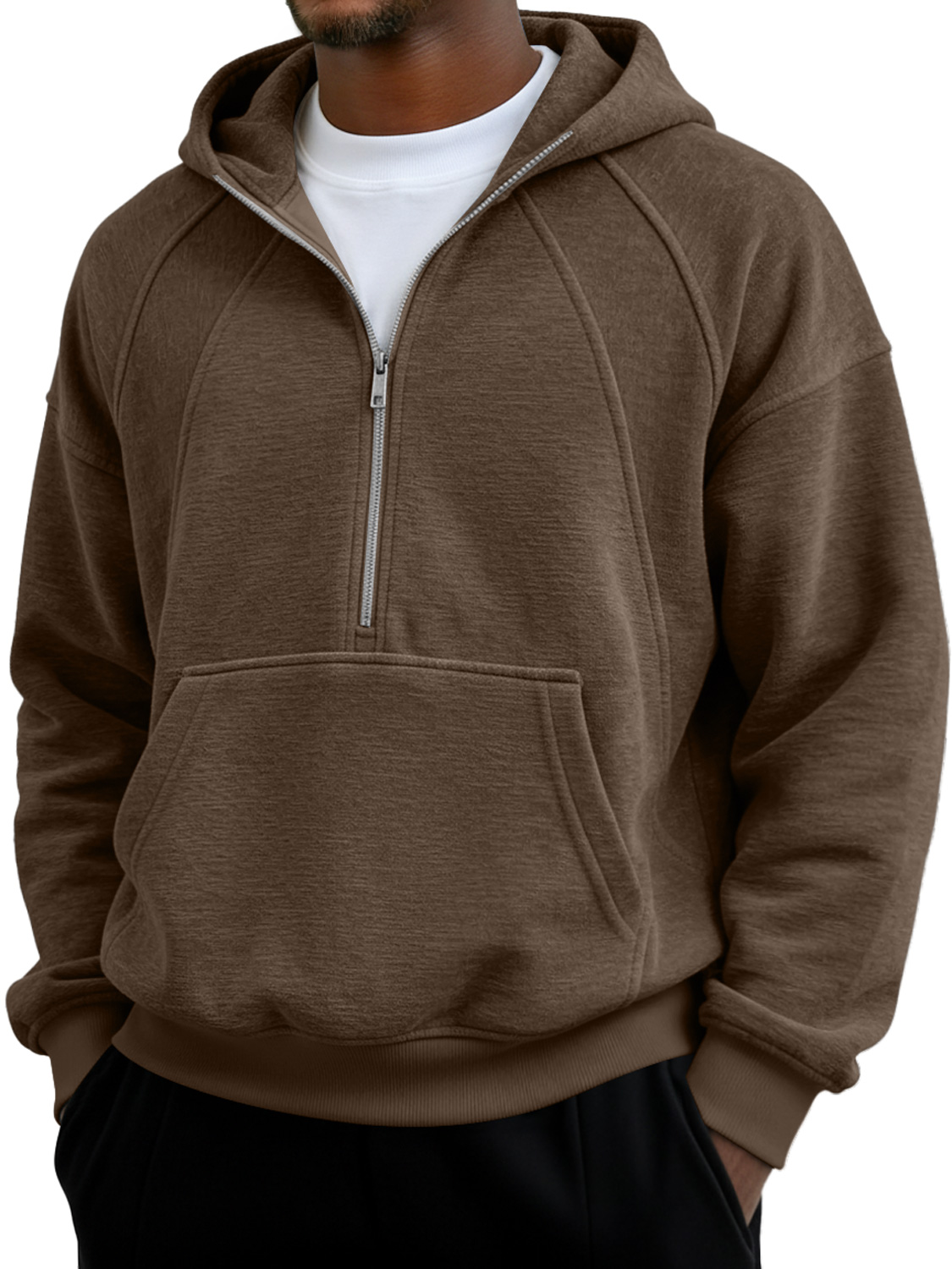 Herren Einfaches Raglanärmel Patchwork Reißverschluss Kapuzen Freizeit Tasche Sweatshirt-deurabatt