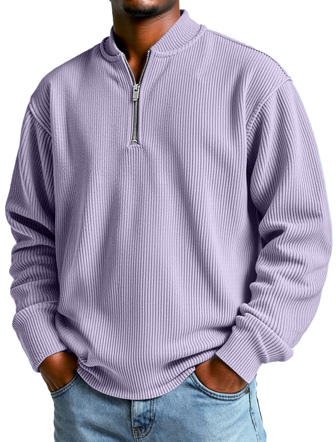 Herren Daily Simple Rippkragen Baseballkragen Reißverschluss Lässiges Langarm-T-Shirt-deurabatt