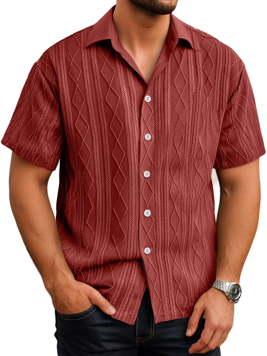 Herren Daily Texture Casual Revers Einfarbig Kurzarmhemd-deurabatt