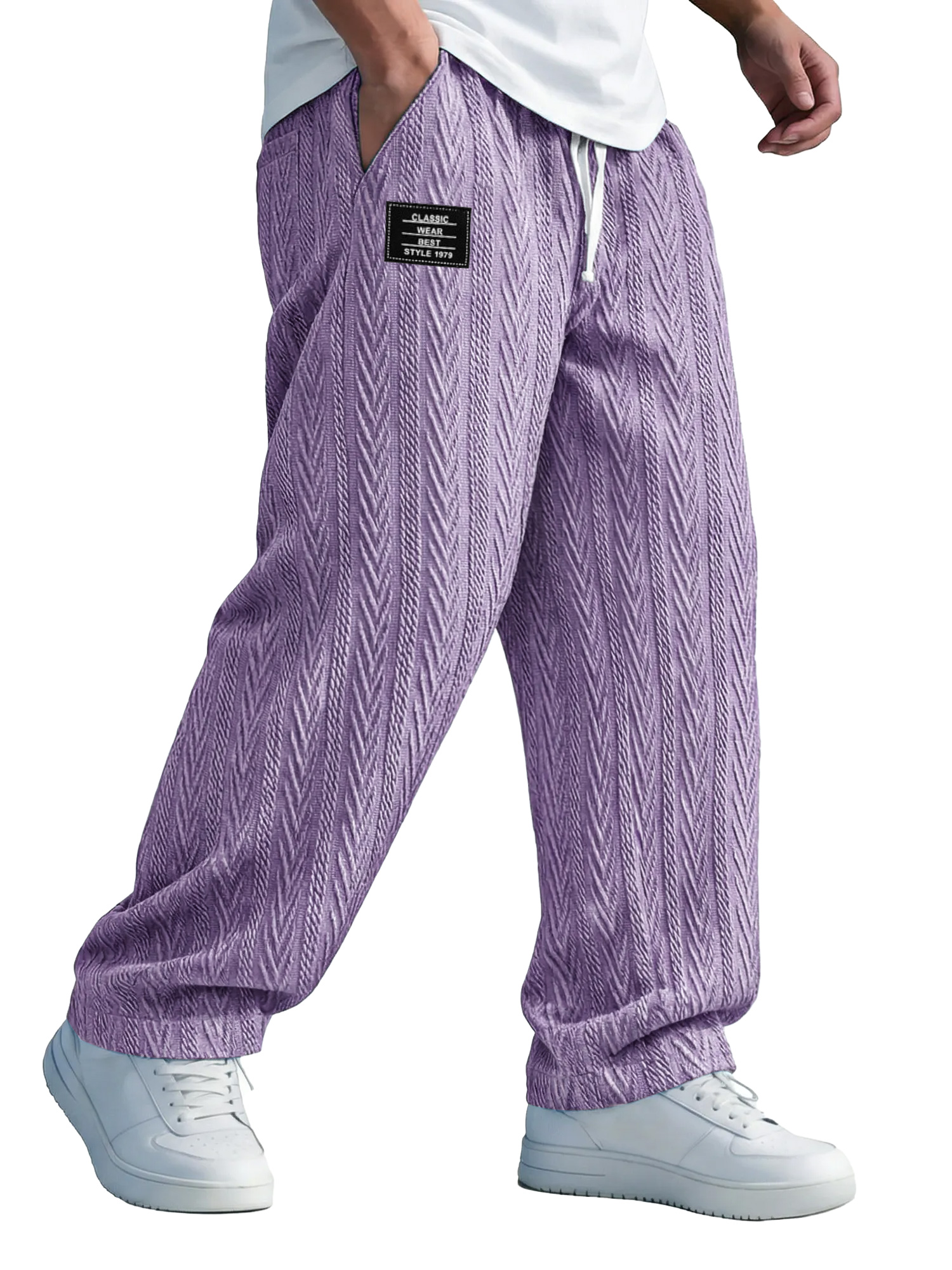 Herren einfarbige Jacquard-Textur Freizeit-Hosen mit elastischem Bund und gesticktem Logo.-deurabatt