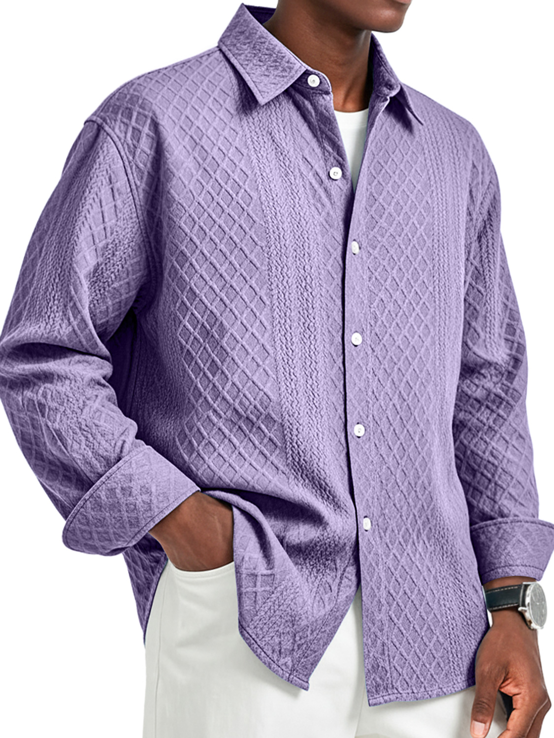 Herren Daily Jacquard Struktur Freizeit Revers Langarmhemd-deurabatt