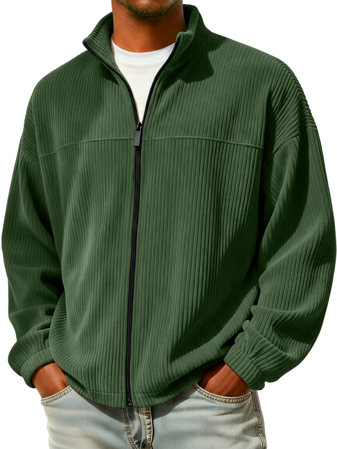 Herren einfache Stehkragen Reißverschluss Cord-Jacke casual-deurabatt