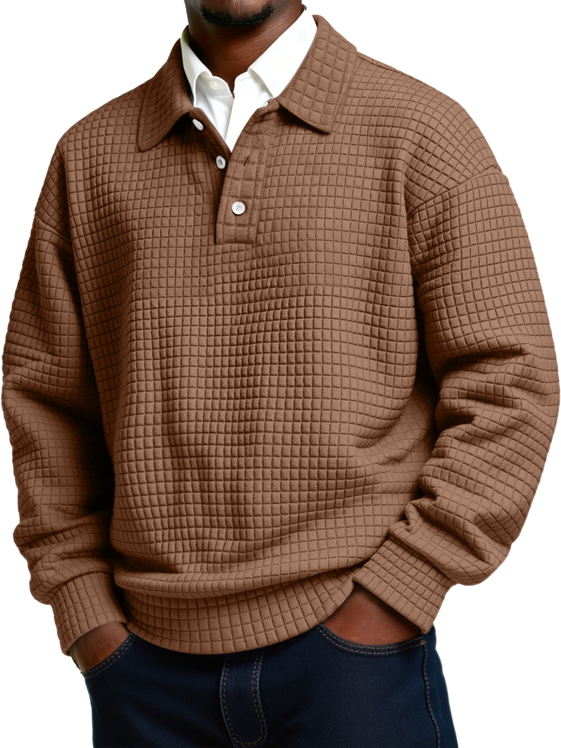 Herren Daily Small Plaid Revers Knopf Lässiges Langarm Polohemd-deurabatt