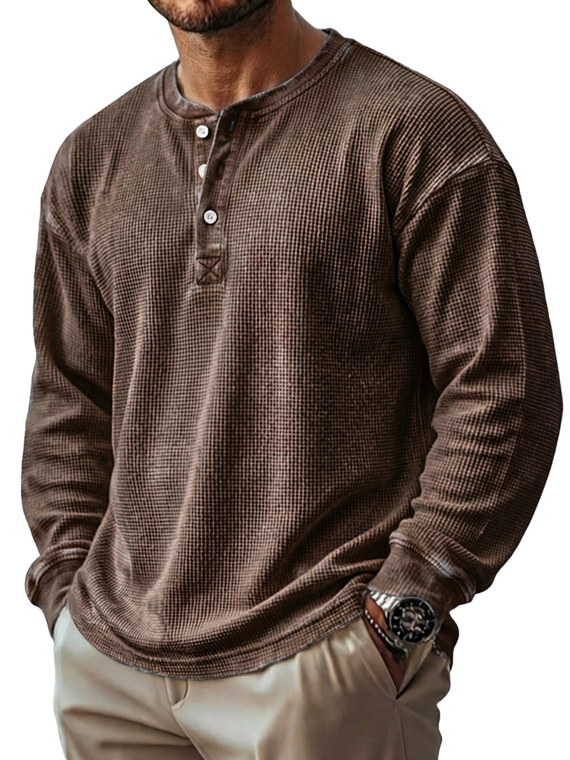 Herren Vintage Waffelstrick Langarm-Henley-Shirt-deurabatt